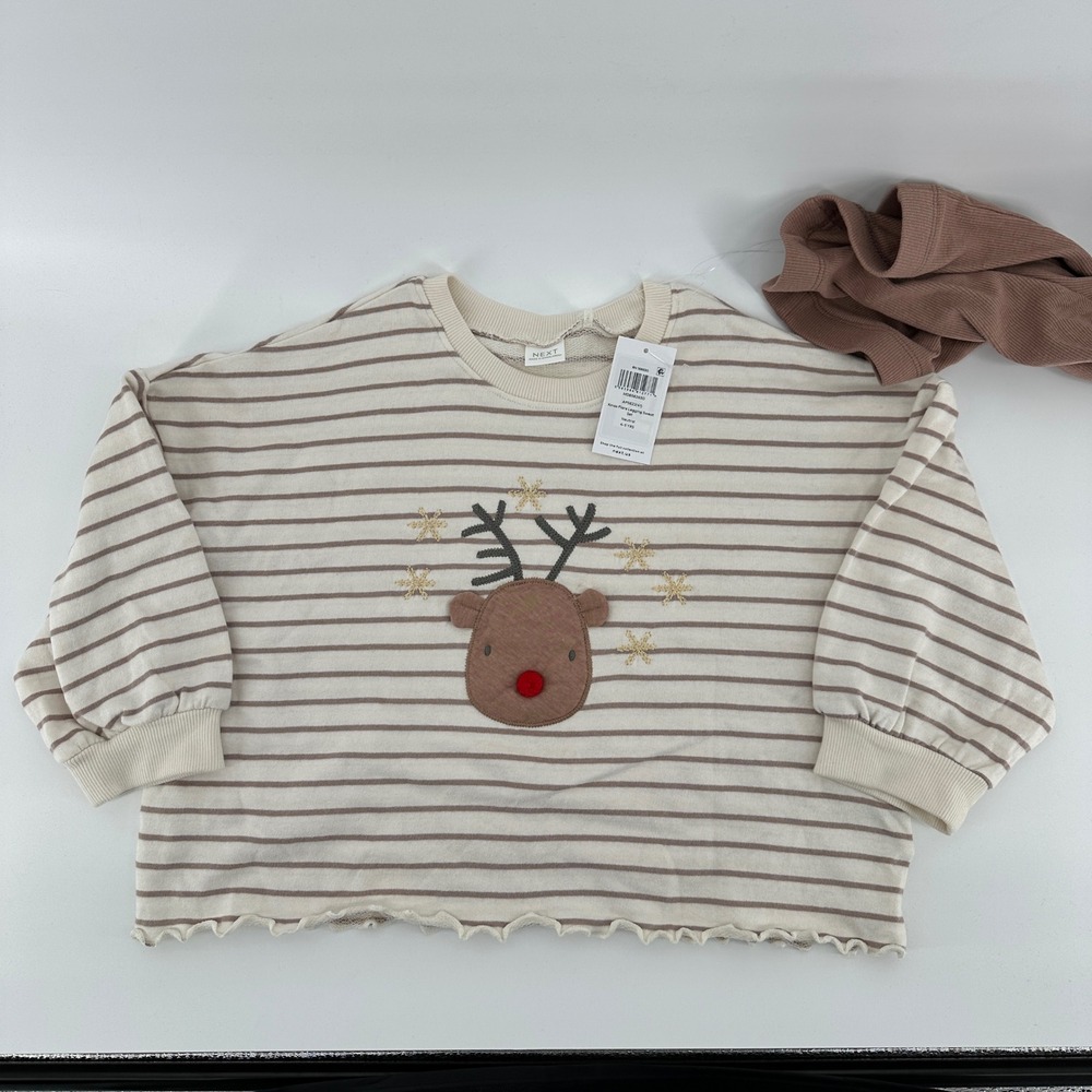 Next Kids Neutral Reindeer Stripe Sweatshirt and Flare Legging Set 4-5Y NWT